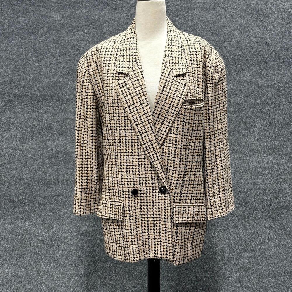 Vintage Anne Klein II Blazer Womens 10 Beige Wool Tweed Check Jacket Hong Kong